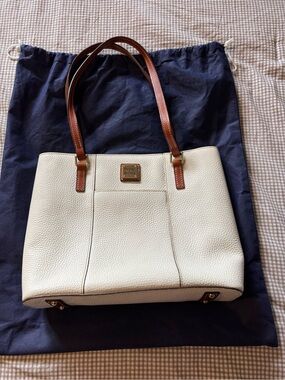 Dooney & Bourke Cream Pebbled Leather Tote with Brown Handles